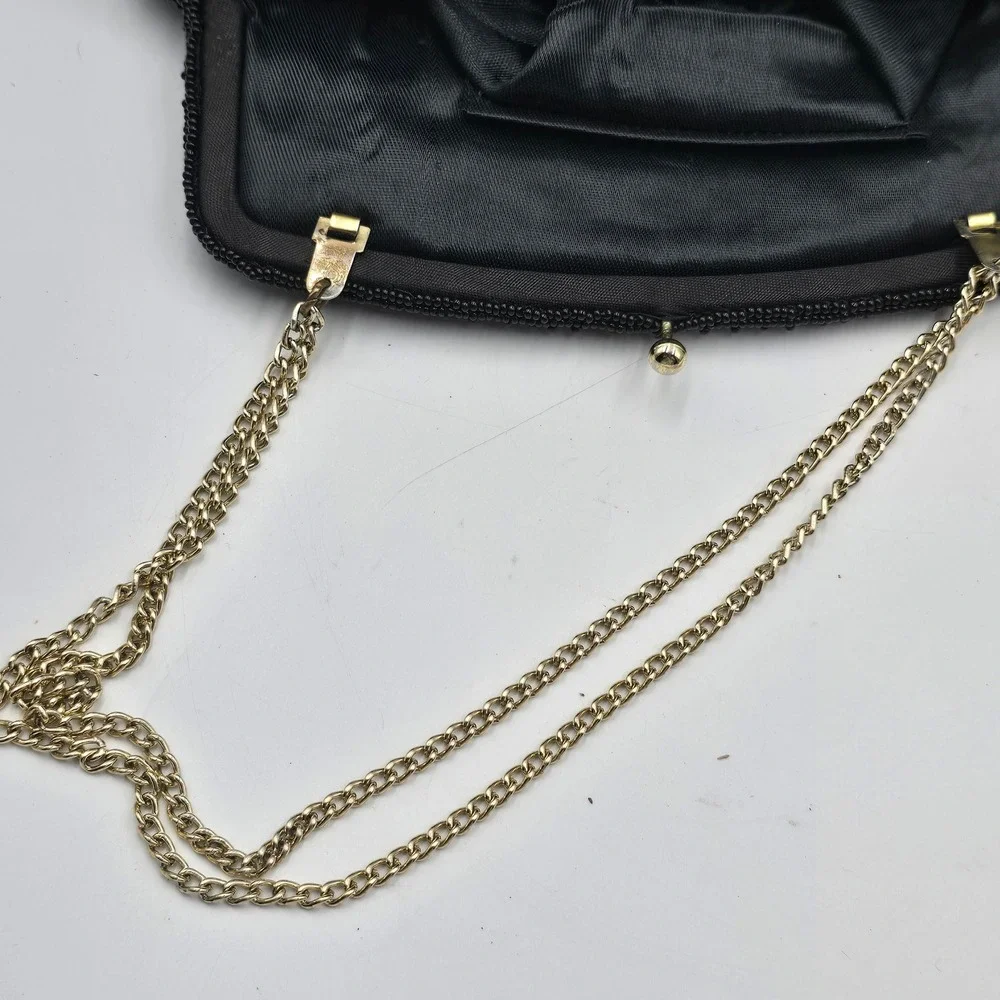 Vintage Black Beaded Evening Bag Clutch Gold Chain Kiss Lock Made in Korea